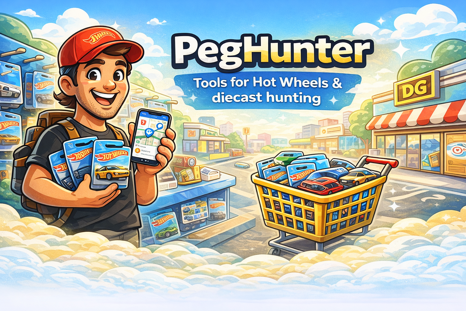 Cartoon illustration of Hot Wheels hunting in a store aisle